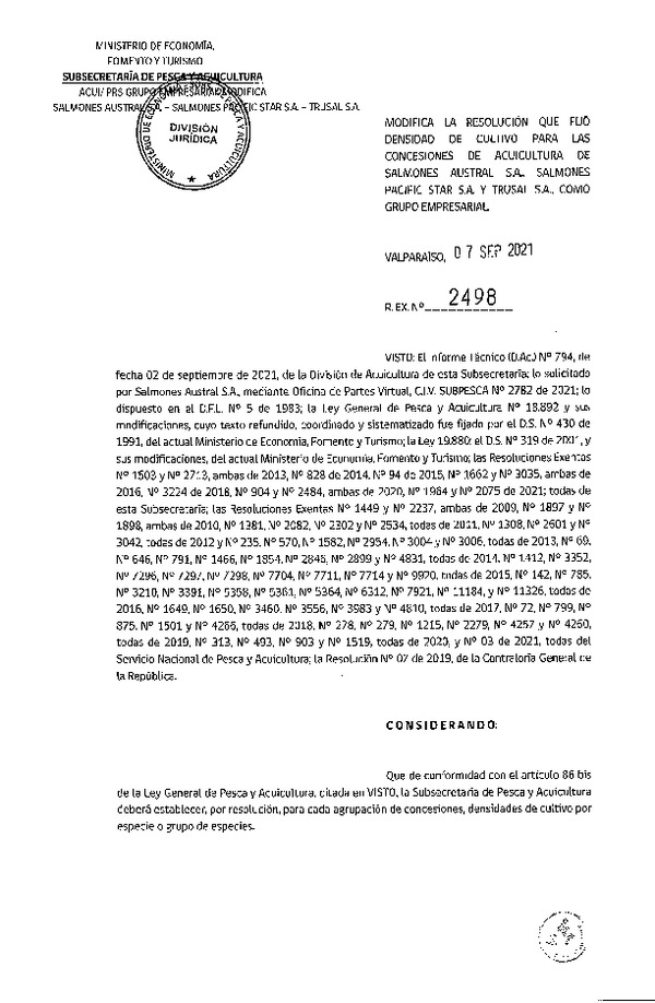 Res. Ex. N° 2498-2021 Modifica Res. Ex. N° 1964-2021 Fija densidad de cultivo para las concesiones de acuicultura de titularidad de Salmones Austral S.A., Salmones Pacific Star S.A. y trusal S.A. como grupo empresarial Región de Los Lagos y Aysén. (Con Informe Técnico) (Publicado en Página Web 08-09-2021)