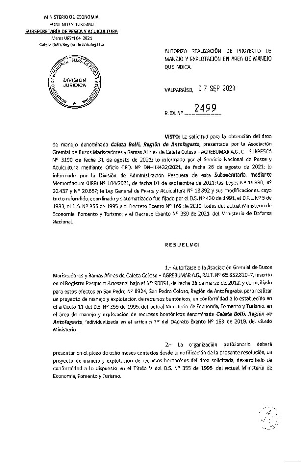 Res. Ex. N° 2499-2021 Autoriza Proyecto de Manejo. (Publicado en Página Web 08-09-2021)