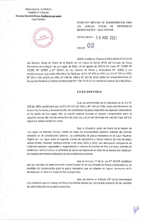 Res. Ex. N° 02-2021 (DZP Los Lagos) Establece Medidas de Administración para las Especies Ícticas de Importancia Recreativa en el Lago Puyehue. (Publicado en Página Web 09-09-2021)