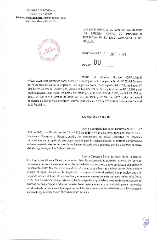 Res. Ex. N° 03-2021 (DZP Los Lagos) Establece Medidas de Administración para las Especies Ícticas de Importancia Recreativa en el Lago Llanquihue y Río Maullín. (Publicado en Página Web 09-09-2021)