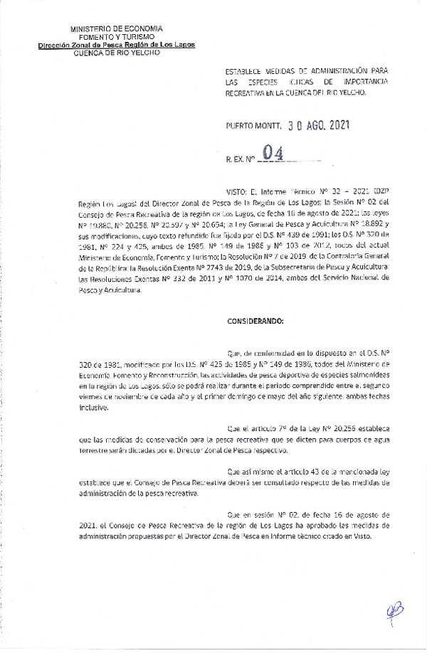 Res. Ex. N° 04-2021 (DZP Los Lagos) Establece Medidas de Administración para las Especies Ícticas de Importancia Recreativa en la Cuenca del Río Yelcho. (Publicado en Página Web 09-09-2021)