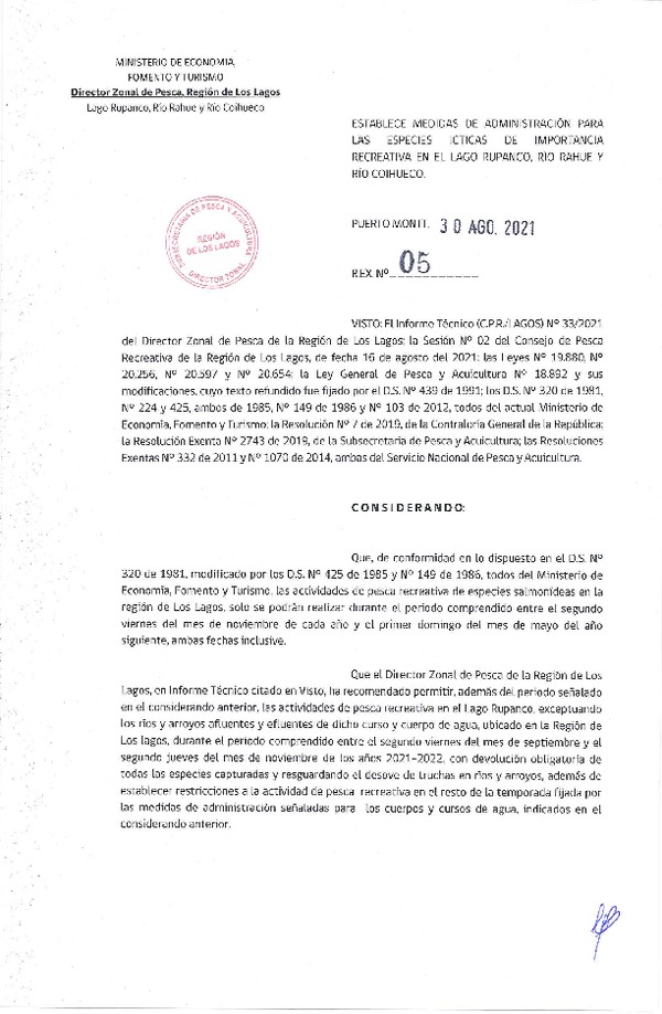 Res. Ex. N° 05-2021 (DZP Los Lagos) Establece Medidas de Administración para las Especies Ícticas de Importancia Recreativa en el Lago Rupanco, Río Rahue y Río Coihueco. (Publicado en Página Web 09-09-2021)