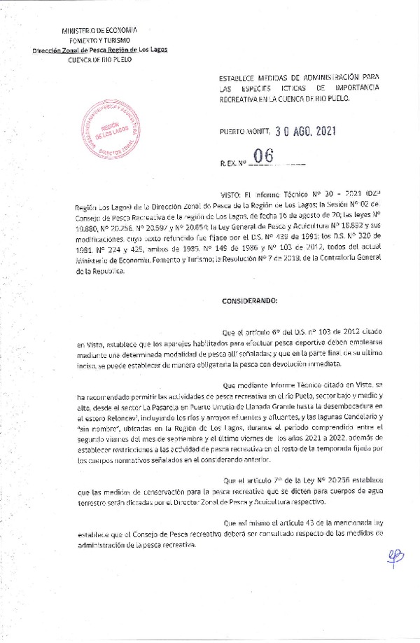 Res. Ex. N° 06-2021 (DZP Los Lagos) Establece Medidas de Administración para las Especies Ícticas de Importancia Recreativa en la Cuenca del Río Puelo. (Publicado en Página Web 09-09-2021)