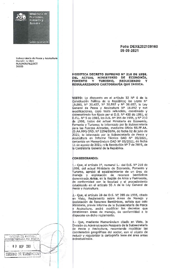 Dec. Ex. Folio N° DEXE202100160 Modifica D.S. N° 210 de 1998 Reduciendo y Regularizando Cartografía que Indica, en Área de Manejo Arica, Región de Arica y Parinacota. (Publicado en Página Web 09-09-2021)