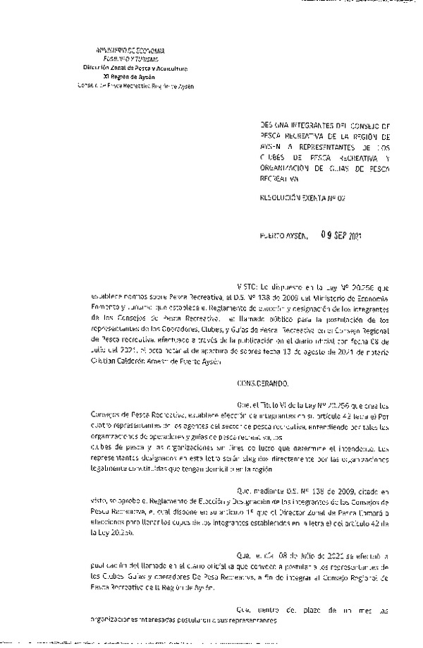 Res. Ex. N° 02-2021 (DZP Región de Aysén) Designa Integrantes del Consejo de Pesca Recreativa de la Región de Aysén a Representantes de Clubes de Pesca Recreativa y Organización de Guías de Pesca Recreativa. (Publicado en Página Web 09-09-2021)