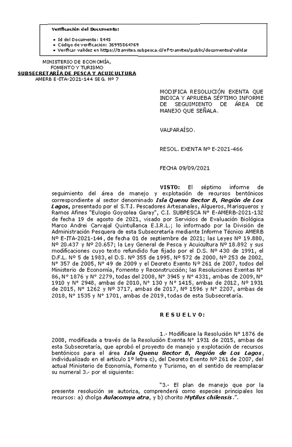 RESOL. EXENTA Nº E-2021-466 Modifica Resolución que Indica, Aprueba 7° Seguimiento. (Publicado en Página Web 10-09-2021)