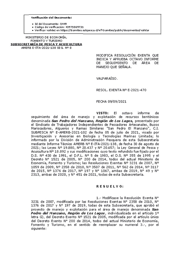 RESOL. EXENTA Nº E-2021-470 Modifica Resolución que indica, Aprueba 8° Seguimiento. (Publicado en Página Web 10-09-2021)