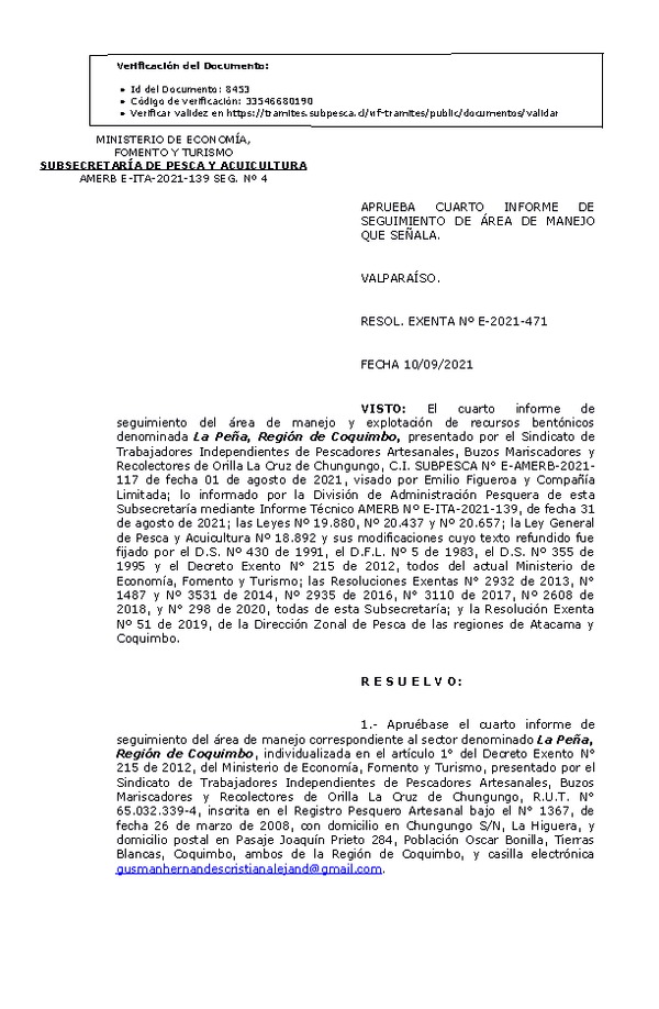 RESOL. EXENTA Nº E-2021-471 Aprueba 4° Seguimiento. (Publicado en Página Web 13-09-2021)