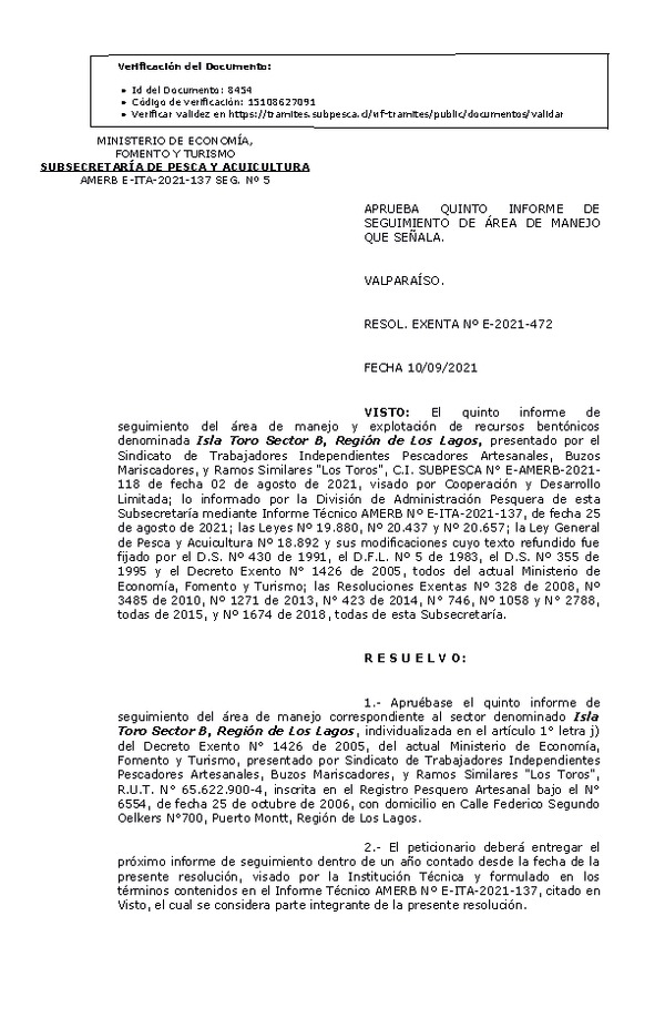 RESOL. EXENTA Nº E-2021-472 Aprueba 5° Seguimiento. (Publicado en Página Web 13-09-2021)