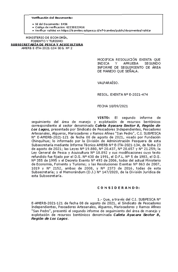 RESOL. EXENTA Nº E-2021-474 Modifica resolución que indica, Aprueba 2° Seguimiento. (Publicado en Página Web 13-09-2021)