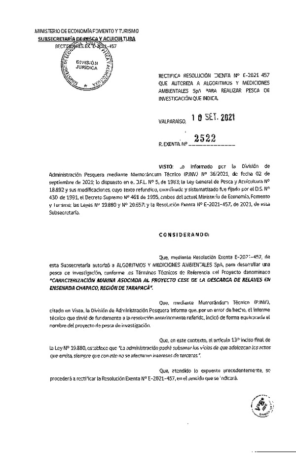 Res. Ex. N° 2522-2021 Rectifica R. EX. Nº E-2021-457 CARACTERIZACIÓN MARINA ASOCIADA AL PROYECTO CESE DE LA DESCARGA DE RELAVES EN ENSENADA CHAPACO, REGIÓN DE TARAPACÁ. (Publicado en Página Web 13-09-2021)