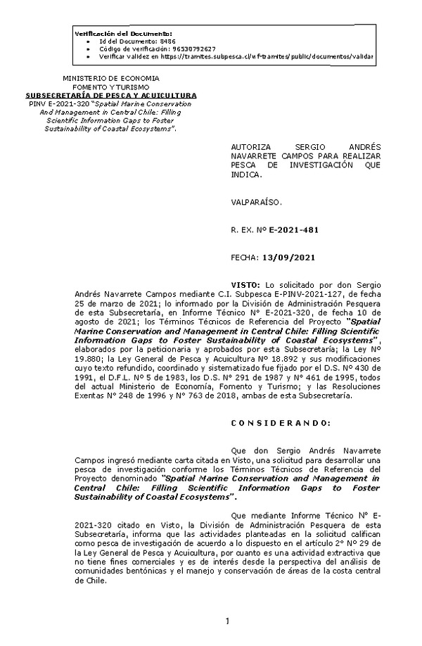 R. EX. Nº E-2021-481 Spatial Marine Conservation and Management in Central Chile: Filling Scientific Information Gaps to Foster Sustainability of Coastal Ecosystems. (Publicado en Página Web 13-09-2021)