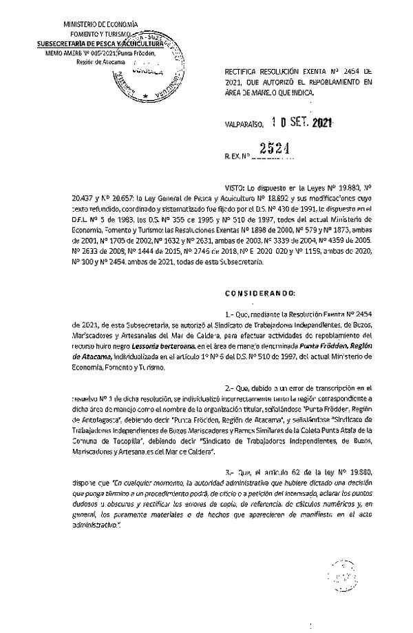 Res. Ex. N° 2524-2021 Rectifica Res. Ex. N° 2454-2021, repoblamiento. (Publicado en Página Web 13-09-2021)