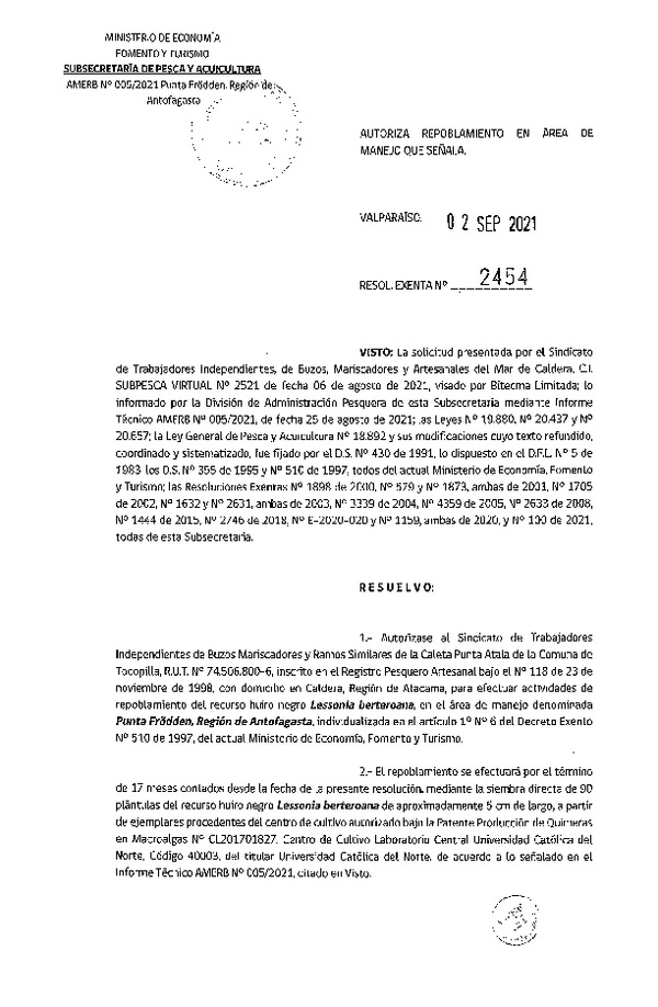 Res. Ex. N° 2454-2021 Autoriza repoblamiento. (Publicado en Página Web 02-09-2021)