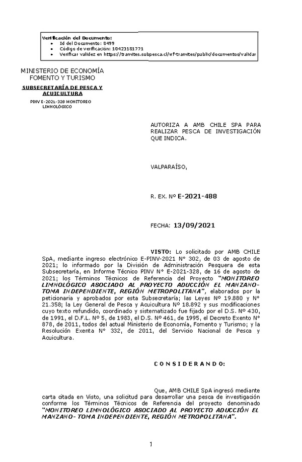 R. EX. Nº E-2021-488 MONITOREO LIMNOLÓGICO ASOCIADO AL PROYECTO ADUCCIÓN EL MANZANOTOMA INDEPENDIENTE, REGIÓN METROPOLITANA. (Publicado en Página Web 14-09-2021)