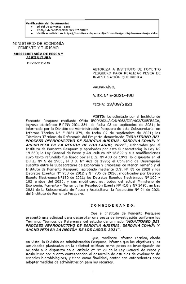 R. EX. Nº E-2021-490 MONITOREO DEL PROCESO REPRODUCTIVO DE SARDINA AUSTRAL, SARDINA COMÚN Y ANCHOVETA EN LA REGIÓN DE LOS LAGOS, 2021. (Publicado en Página Web 14-09-2021)