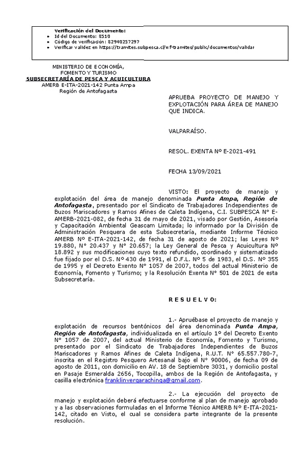 RESOL. EXENTA Nº E-2021-491 Aprueba proyecto de manejo. (Publicado en Página Web 14-09-2021)