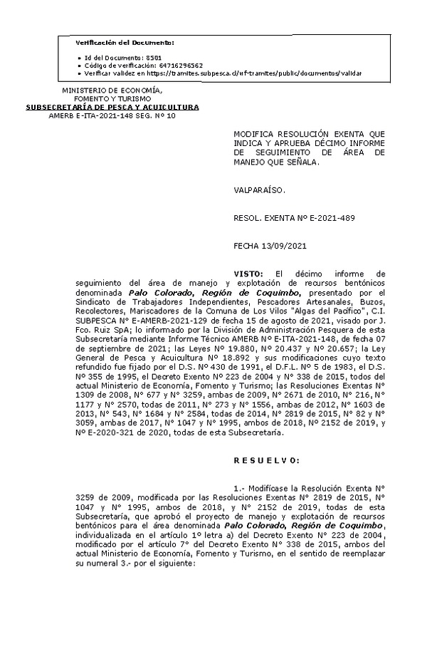 RESOL. EXENTA Nº E-2021-489 Modifica resolución que indica,  Aprueba 10° Seguimiento. (Publicado en Página Web 14-09-2021)