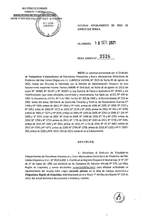 Res. Ex. N° 2526-2021 Autoriza repoblamiento. (Publicado en Página Web 14-09-2021)