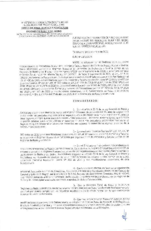 Res. Ex. N° 102-2021 (DZP Ñuble y del Biobío) Autoriza cesión Sardina Común y Anchoveta Región de Ñuble-Biobío (Publicado en Página Web 14-09-2021)