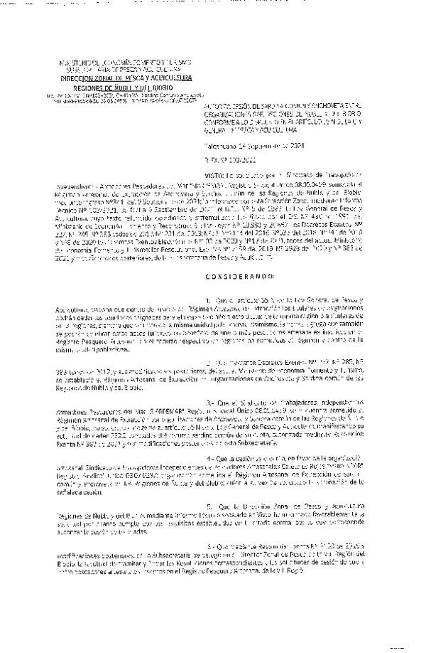 Res. Ex. N° 103-2021 (DZP Ñuble y del Biobío) Autoriza cesión Sardina Común y Anchoveta Región de Ñuble-Biobío (Publicado en Página Web 14-09-2021)