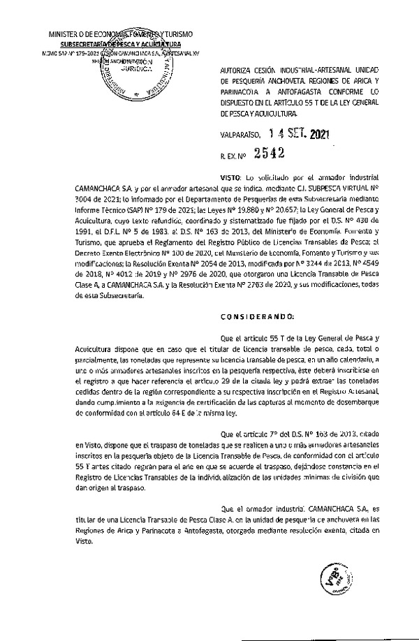 Res. Ex. N° 2542-2021 Autoriza Cesión unidad de pesquería Anchoveta, Regiones de Arica y Parinacota a Región de Antofagasta. (Publicado en Página Web 14-09-2021)