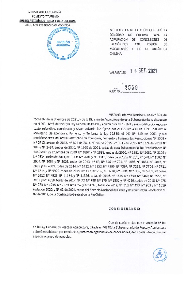 Res. Ex. N° 2559-2021 Modifica Res. Ex. N° 1999-2021 Fija densidad de cultivo para las agrupación de concesiones de salmónidos 43B en la Región de Magallanes y de La Antártica Chilena. (Con Informe Técnico) (Publicado en Página Web 14-09-2021)