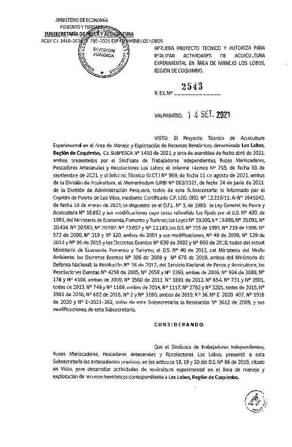 Res. Ex N° 2543-2021 Aprueba proyecto técnico y autoriza para realizar actividades de acuicultura en Área de manejo Los Lobos, Región de Coquimbo. (Publicado en Página Web 15-09-2021)