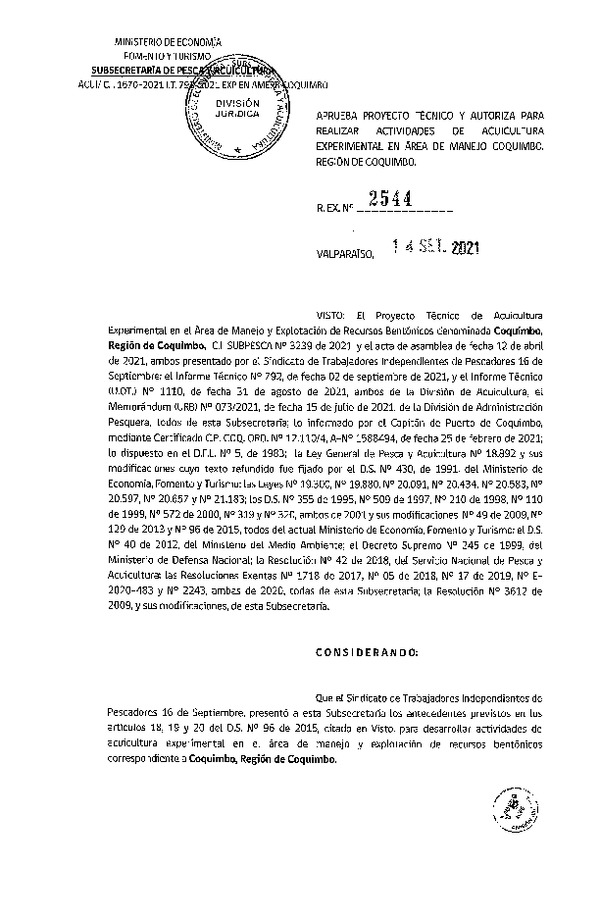 Res. Ex N° 2544-2021 Aprueba proyecto técnico y autoriza para realizar actividades de acuicultura en Área de manejo Coquimbo, Región de Coquimbo. (Publicado en Página Web 15-09-2021)
