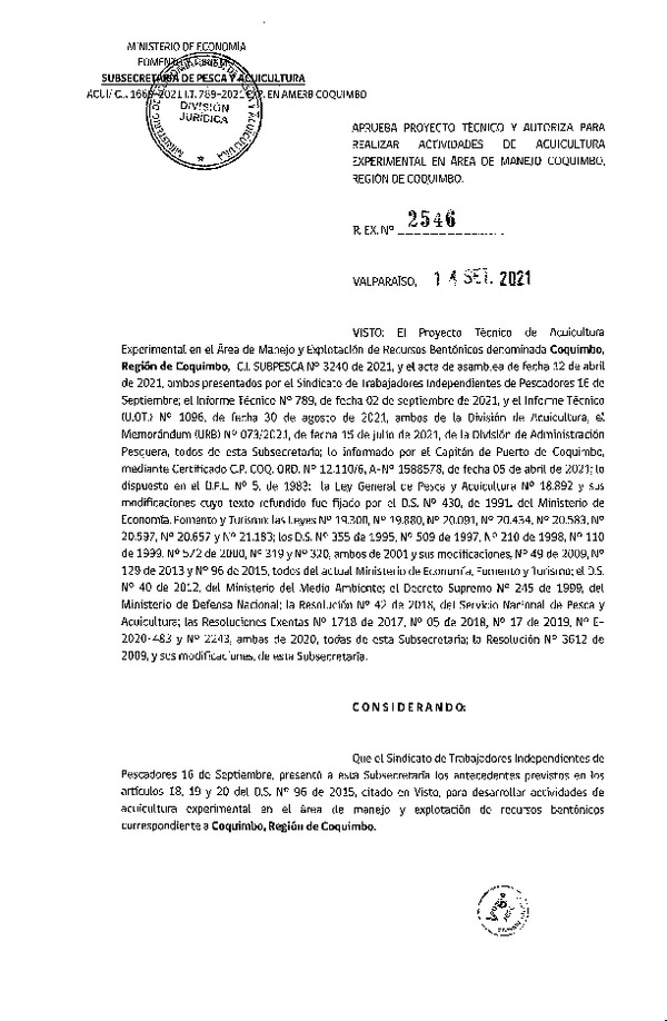 Res. Ex N° 2546-2021 Aprueba proyecto técnico y autoriza para realizar actividades de acuicultura en Área de manejo Coquimbo, Región de Coquimbo. (Publicado en Página Web 15-09-2021)