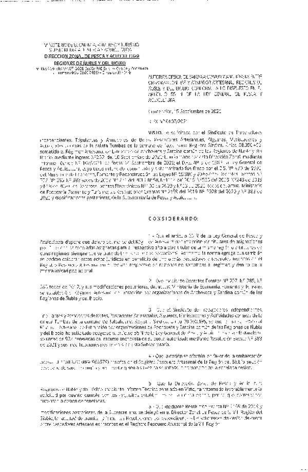 Res. Ex. N° 107-2021 (DZP Ñuble y del Biobío) Autoriza cesión Sardina Común y Anchoveta Región de Ñuble-Biobío (Publicado en Página Web 15-09-2021)