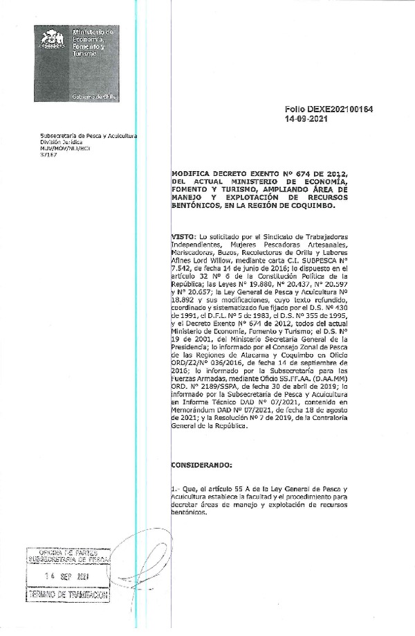 Dec. Ex. Folio N° DEXE202100164 Modifica Dec. Ex. N° 674-2012 Área de Manejo La Conchuela, Región de Coquimbo. (Publicado en Página Web 16-09-2021)