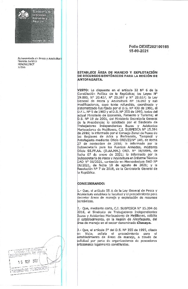  Dec. Ex. Folio N° DEXE202100165 Establece Área de Manejo Chacaya, Región de Antofagasta. (Publicado en Página Web 16-09-2021)