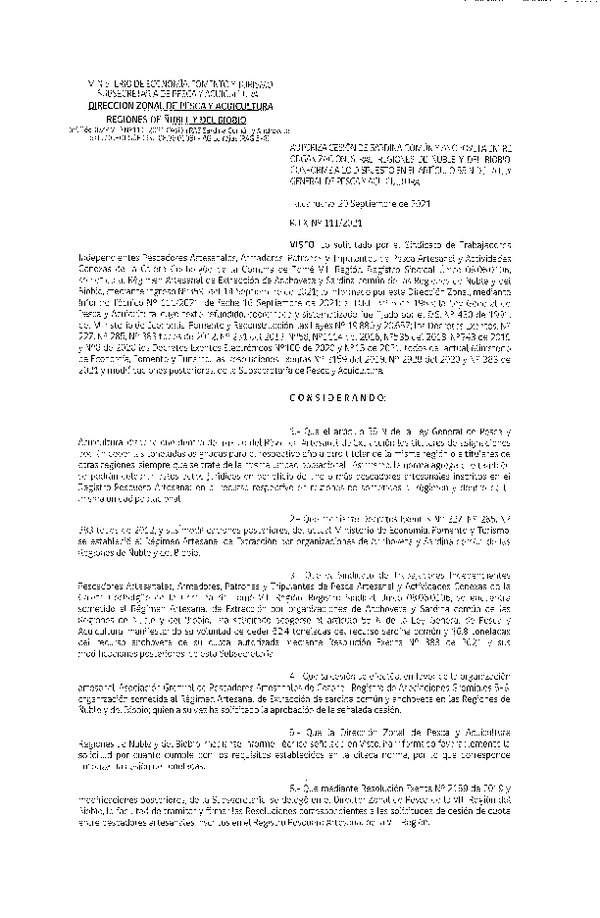 Res. Ex. N° 111-2021 (DZP Ñuble y del Biobío) Autoriza cesión Sardina Común y Anchoveta Región de Ñuble-Biobío (Publicado en Página Web 21-09-2021)