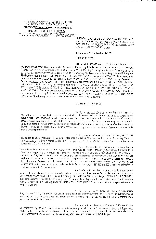 Res. Ex. N° 112-2021 (DZP Ñuble y del Biobío) Autoriza cesión Sardina Común y Anchoveta Región de Ñuble-Biobío (Publicado en Página Web 21-09-2021)