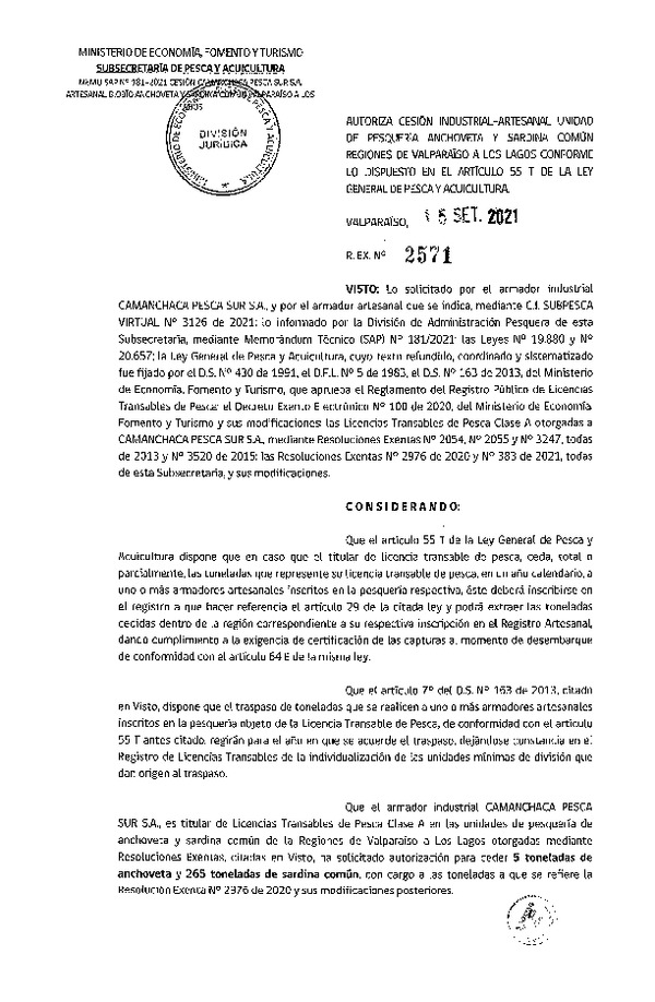 Res. Ex. N° 2571-2021 Autoriza Cesión Anchoveta y Sardina común, Regiones de Valparaíso a Los Lagos. (Publicado en Página Web 21-09-2021)