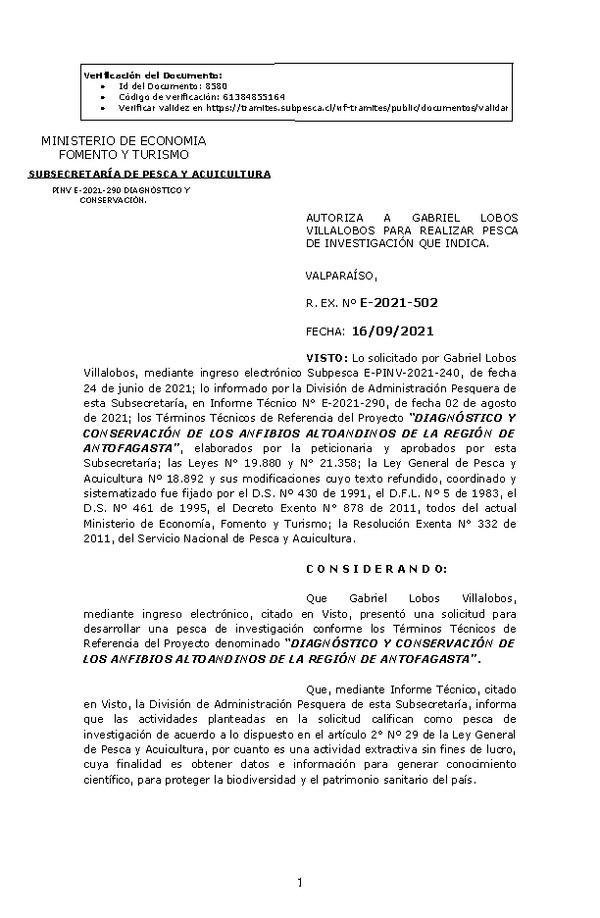 R. EX. Nº E-2021-502 DIAGNÓSTICO Y CONSERVACIÓN DE LOS ANFIBIOS ALTOANDINOS DE LA REGIÓN DE ANTOFAGASTA. (Publicado en Página Web 21-09-2021)