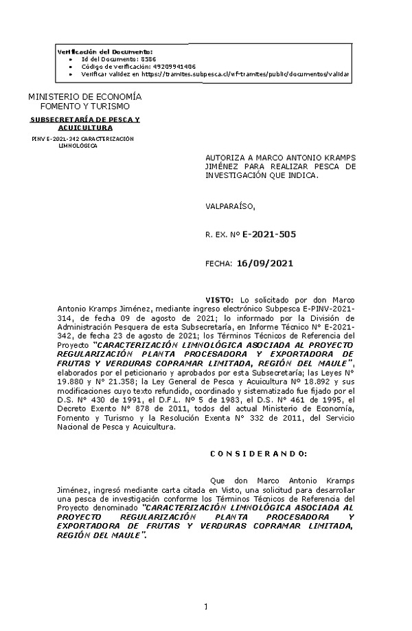 R. EX. Nº E-2021-505 CARACTERIZACIÓN LIMNOLÓGICA ASOCIADA AL PROYECTO REGULARIZACIÓN PLANTA PROCESADORA Y EXPORTADORA DE FRUTAS Y VERDURAS COPRAMAR LIMITADA, REGIÓN DEL MAULE. (Publicado en Página Web 21-09-2021)