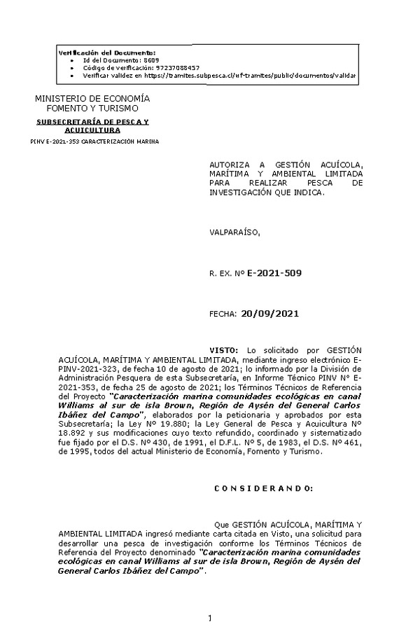 R. EX. Nº E-2021-509 Caracterización marina comunidades ecológicas en canal Williams al sur de isla Brown, Región de Aysén del General Carlos Ibáñez del Campo. (Publicado en Página Web 21-09-2021)