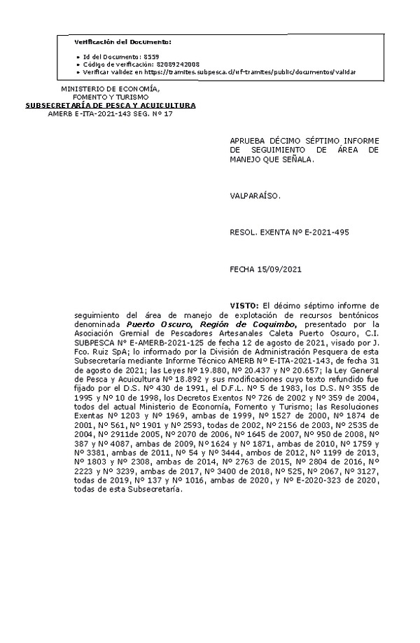 RESOL. EXENTA Nº E-2021-495 17° Seguimiento. (Publicado en Página Web 21-09-2021)