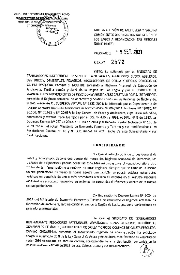 Res. Ex. N° 2572-2021 Autoriza Cesión Anchoveta y Sardina común, Región de Los Lagos a Ñuble-Biobío. (Publicado en Página Web 21-09-2021)