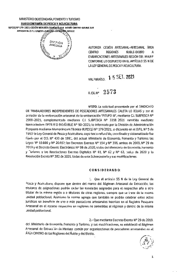 Res. Ex. N° 2573-2021 Autoriza Cesión Merluza común, Región de Ñuble-Biobío a Maule. (Publicado en Página Web 21-09-2021)