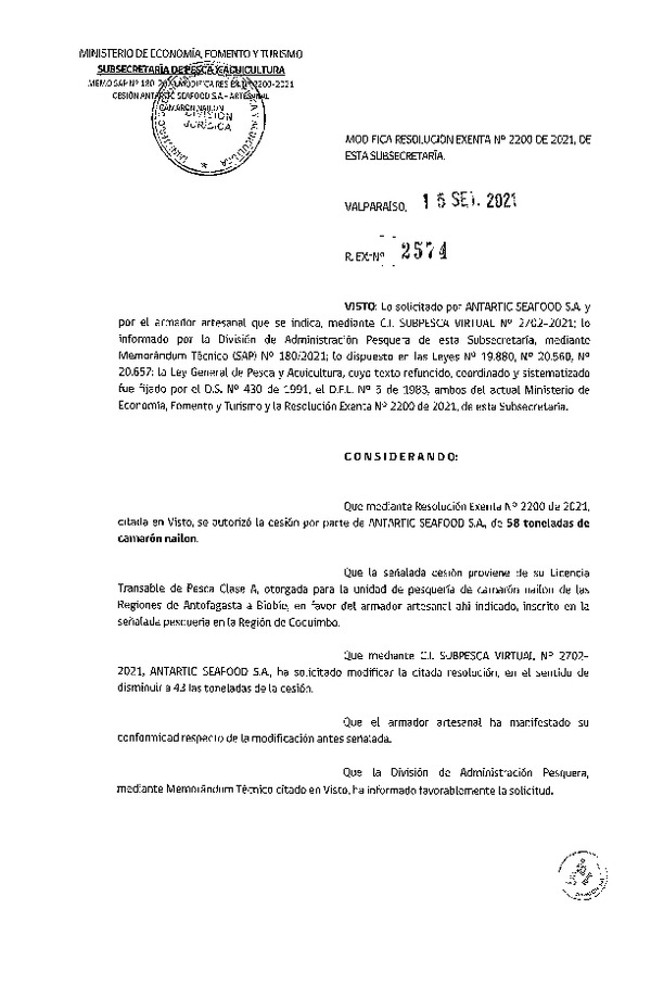 Res. Ex. N° 2574-2021 Modifica Res. Ex. N° 2200-2021 Autoriza Cesión Camarón Nailon, Regiones de Antofagasta a Región de del Biobío. (Publicado en Página Web 21-09-2021)