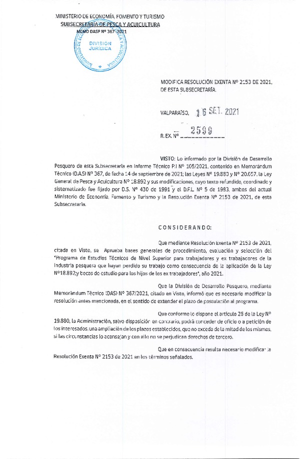 Res. Ex. N° 2599-2021 Modifica Res. Ex. N° 2153-2021Aprueba Bases Generales de Procedimiento, Evaluación y Selección de Beneficiarios de Programa que se Indica, Año 2021. (Publicado en Página Web 21-09-2021)