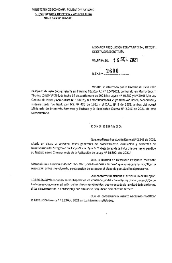 Res. Ex. N° 2600-2021 Modifica Res. Ex. N° 2246-2021 Aprueba Bases Generales de Procedimiento, Evaluación y Selección de Beneficiarios de Programa que Indica. (Publicado en Página Web 21-09-2021)