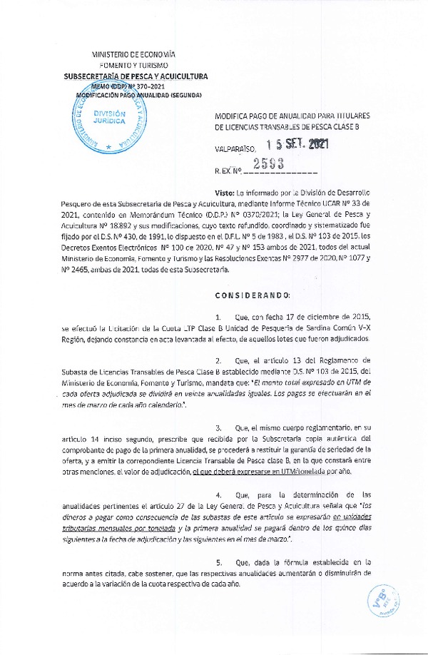 Res. Ex. N° 2593-2021 Modifica Pago de Anualidad para Titulares de LTP Clase B. (Publicado en Página Web 21-09-2021)