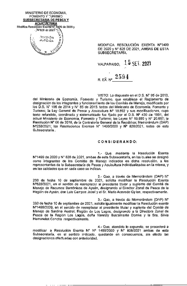 Res. Ex. N° 2594-2021 Modifica Res. Ex. N° 1499 de 2020 y N° 828 de 2021, Comité de Manejo Recursos Bentónicos.. (Publicado en Página Web 21-09-2021)