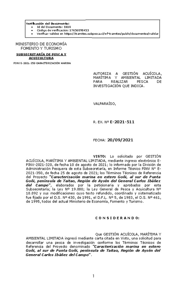R. EX. Nº E-2021-511 Caracterización marina en estero Goñi, al sur de Punta Goñi, península de Taitao, Región de Aysén del General Carlos Ibáñez del Campo. (Publicado en Página Web 22-09-2021)