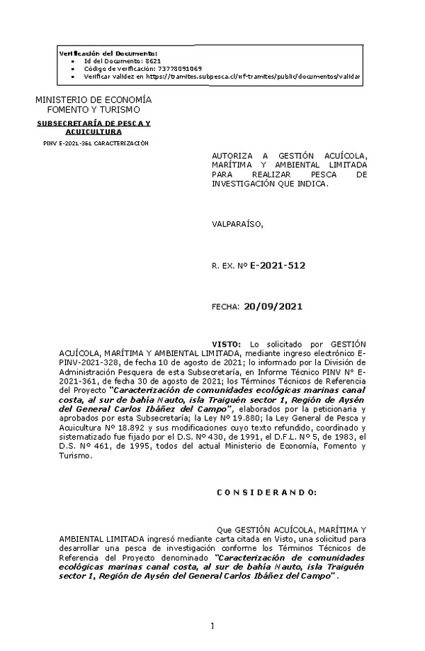 R. EX. Nº E-2021-512 Caracterización de comunidades ecológicas marinas canal costa, al sur de bahía Nauto, isla Traiguén sector 1, Región de Aysén del General Carlos Ibáñez del Campo. (Publicado en Página Web 22-09-2021)