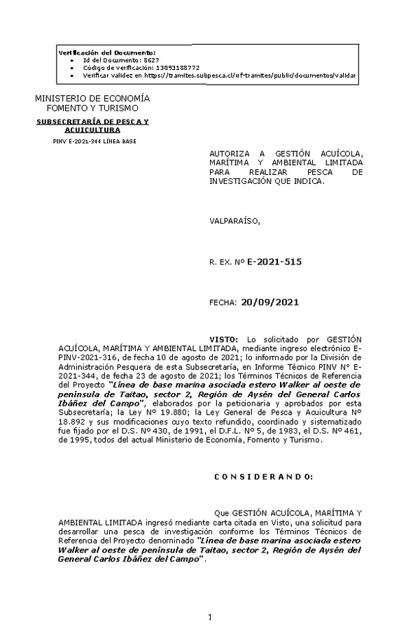 R. EX. Nº E-2021-515 Línea de base marina asociada estero Walker al oeste de península de Taitao, sector 2, Región de Aysén del General Carlos Ibáñez del Campo. (Publicado en Página Web 22-09-2021)